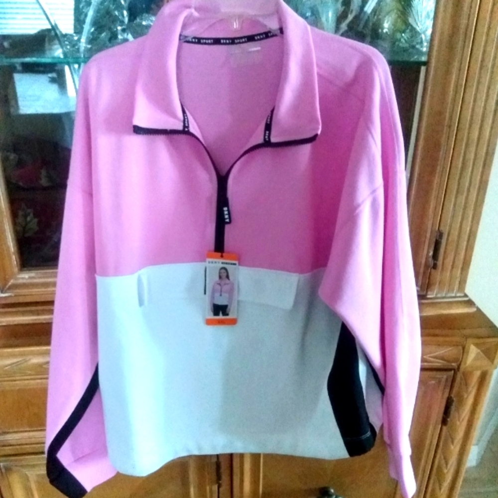 NEW WITH TAGS DKNY SPORT PULLOVER XXL PINK WHITE HALF ZIP